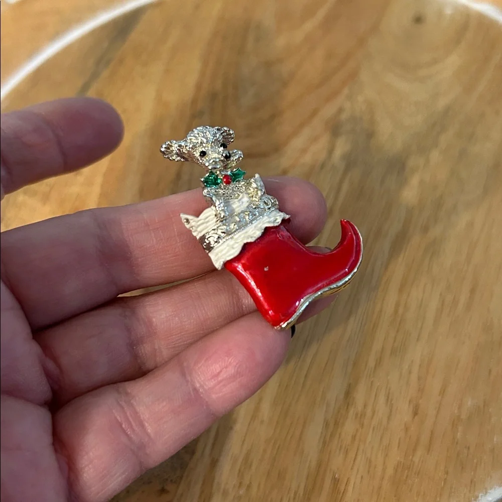 Christmas Stocking Brooch with Dog Christmas pin poodle holiday pin red silver